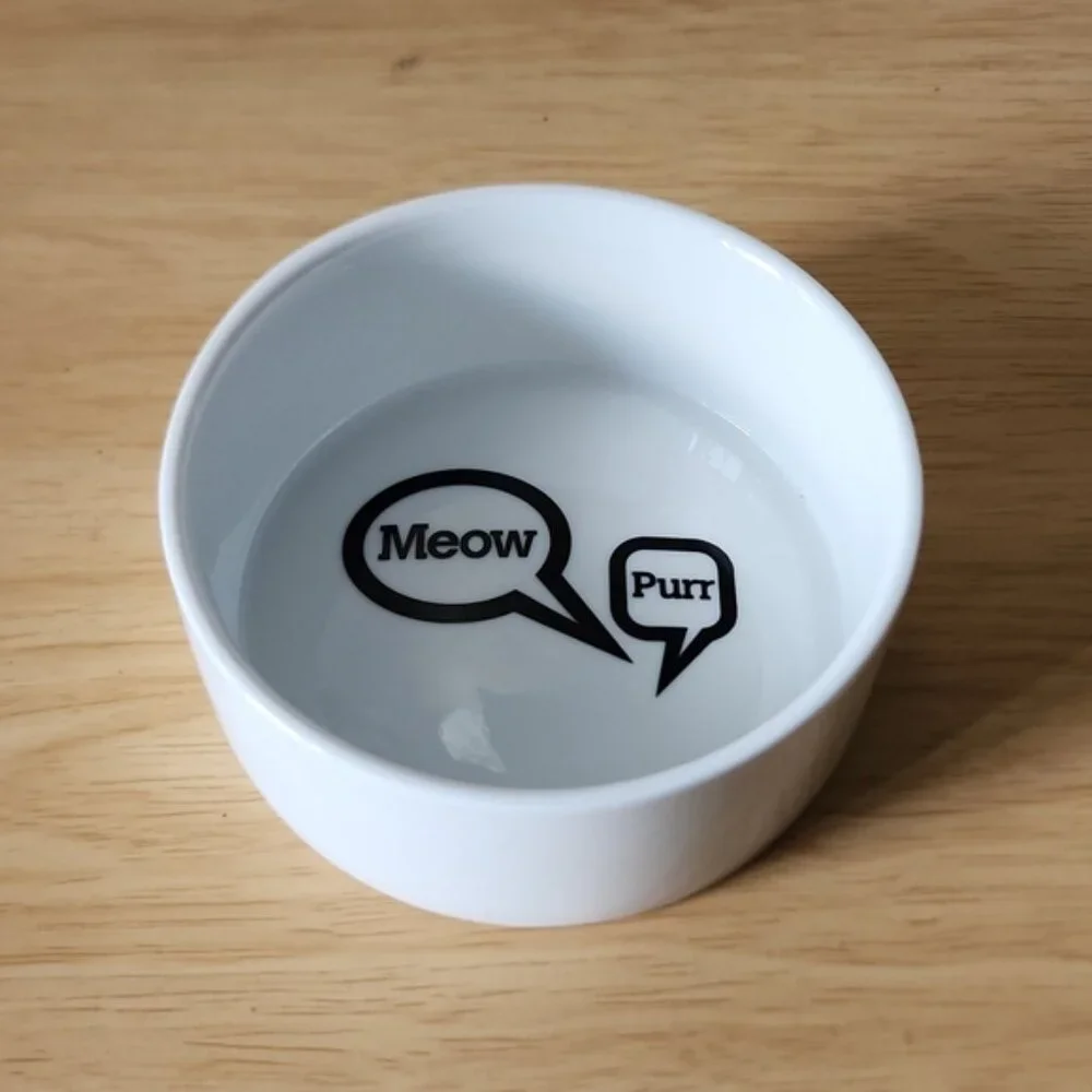 Crate & Barrel Meow Purr Speech Bubbles White Ceramic Cat Food/Water Bowl